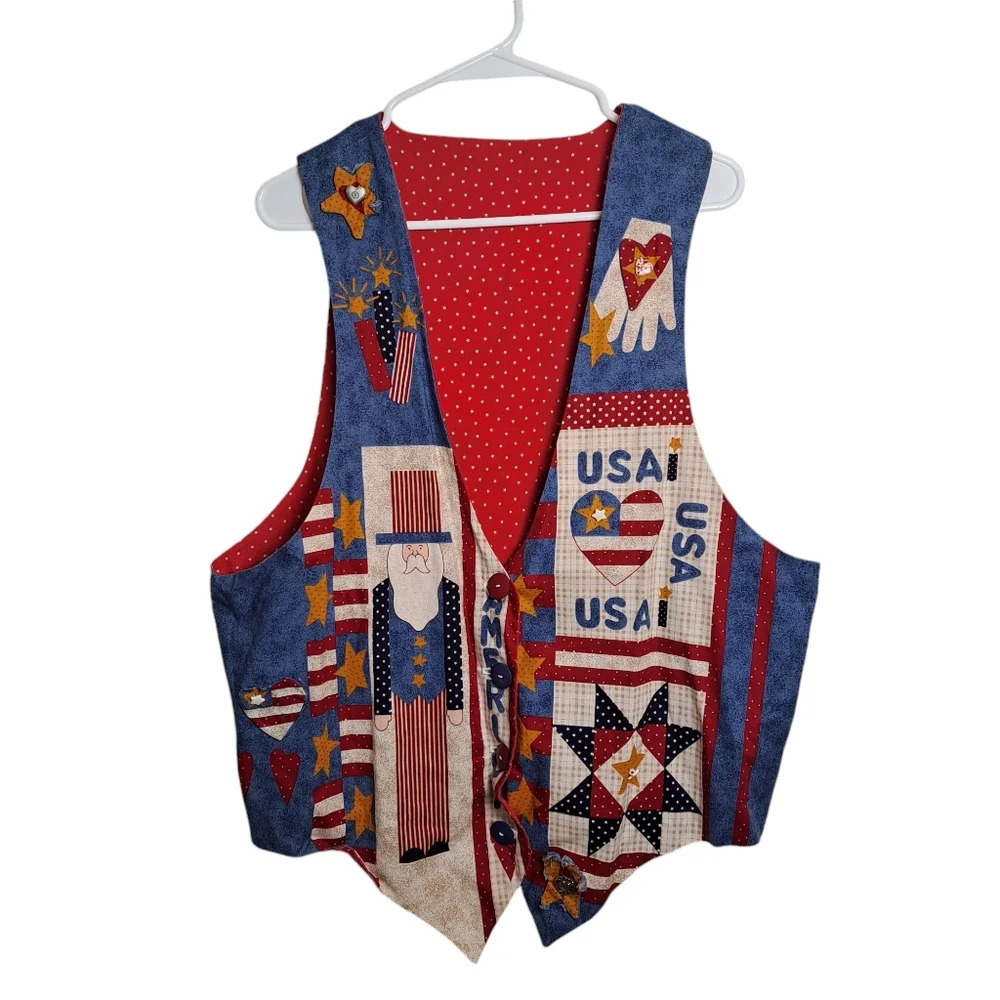 Homemade Red White Blue 4th Of July Americana USA Button Up Charm Vest‎ Size *18